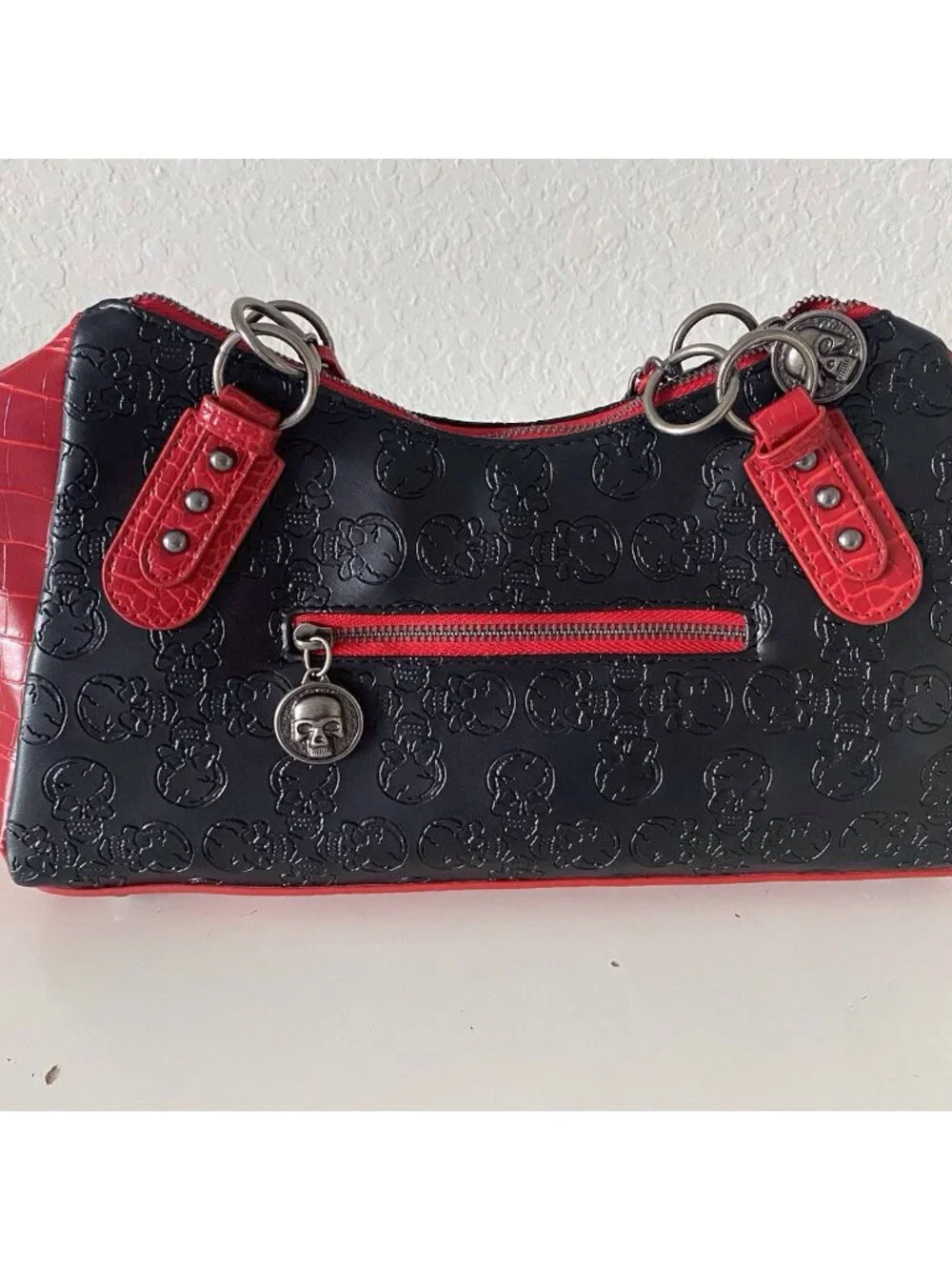 Ed Hardy Black Red Tote Satchel Chain Charm Studded Croc Embossed‎ Skulls NEW